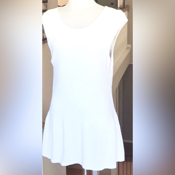 Marc Cain Capped Sleeve Texture Bubble Knit Flare Tunic w Ribbed Waist Off White - Picture 2 of 11
